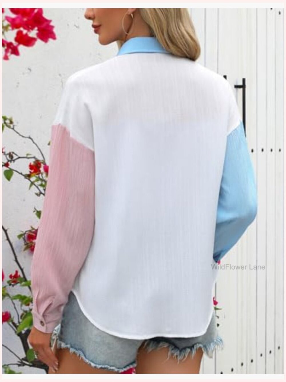 Womens Button Down Shirt Long Sleeve Textured Collared Blouse Gauze Top Pocket - Picture 5 of 7